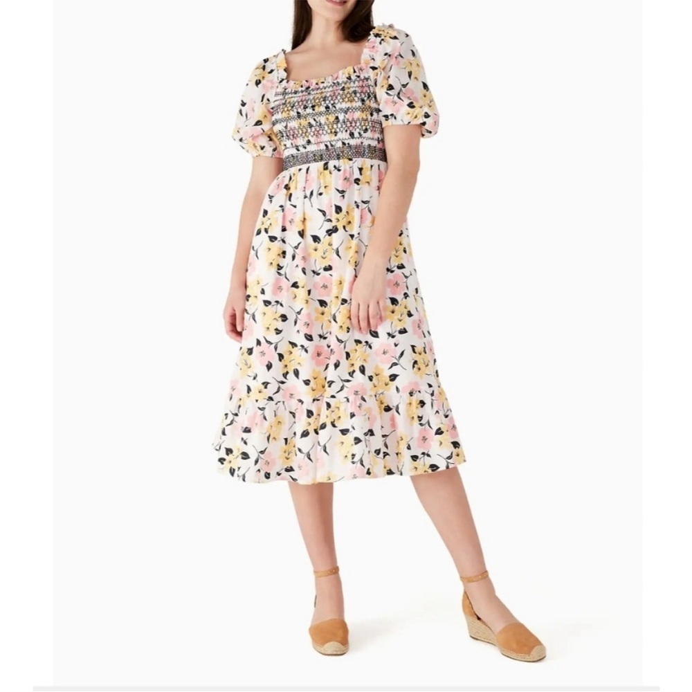 kate spade White Floral Smocked Midi Dress with Pink and Yellow Flowers